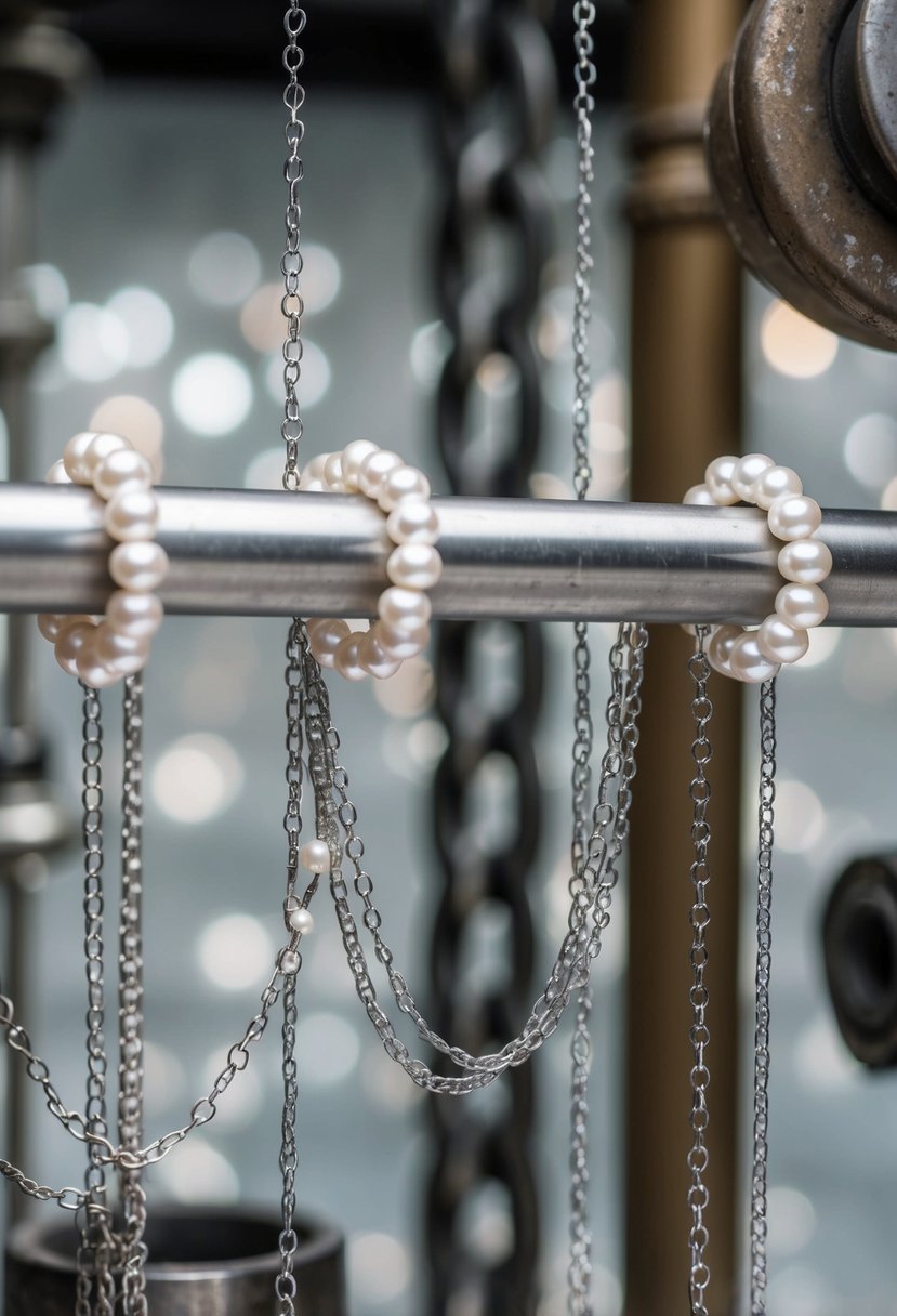 Pearl-decorated metal bars intertwined with delicate chains, set against a backdrop of industrial elements for wedding earring inspiration