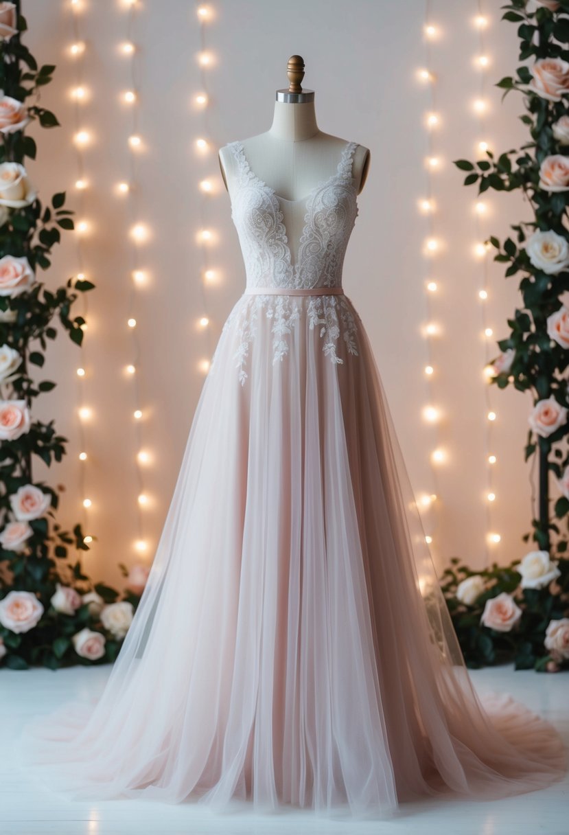 A soft, flowing tulle skirt gown with delicate lace details, set against a backdrop of blooming roses and twinkling fairy lights