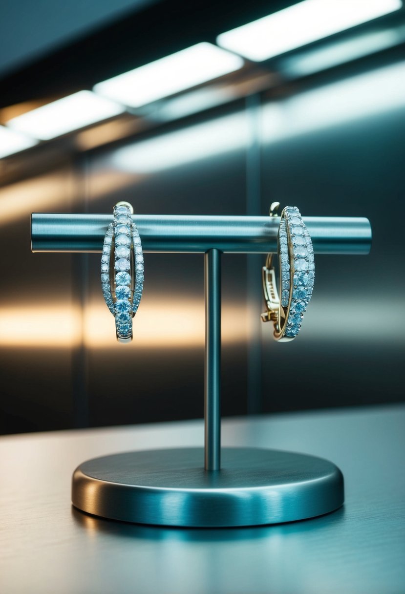 Diamond-studded earrings displayed on a sleek, modern industrial backdrop with luxurious lighting