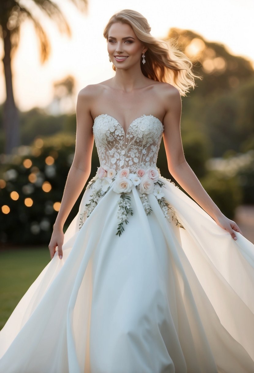 A strapless wedding dress adorned with floral embellishments, flowing gracefully in the wind