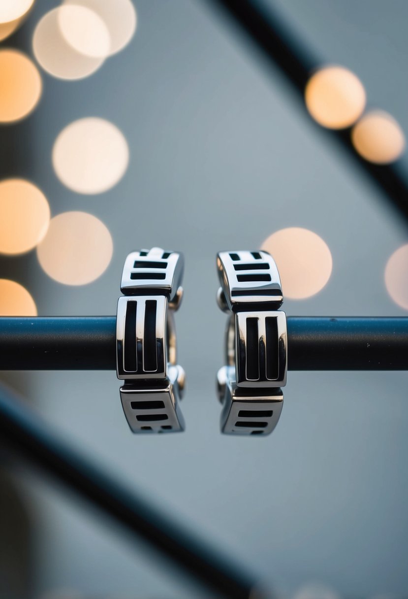 A sleek, modern barbell earring design featuring geometric shapes and industrial elements