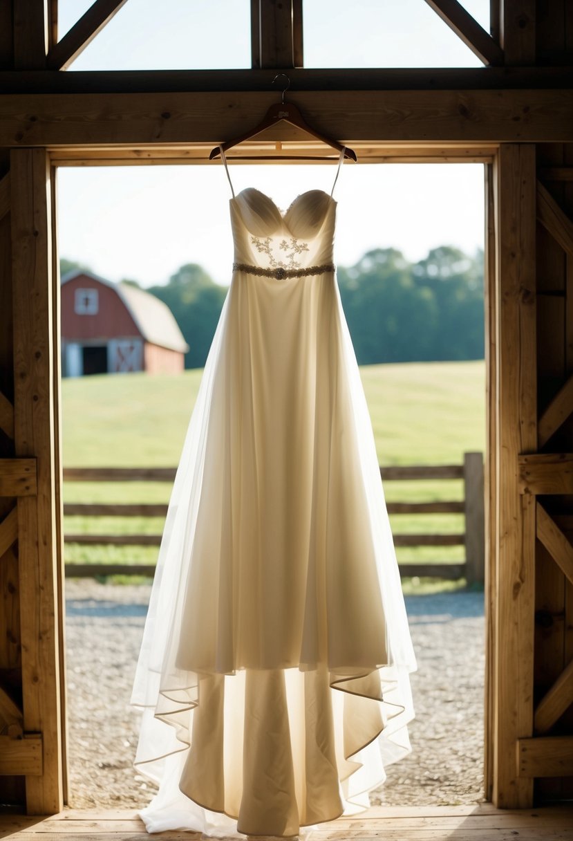 A simple, rustic-inspired wedding gown hangs on a wooden hanger in a sunlit country barn