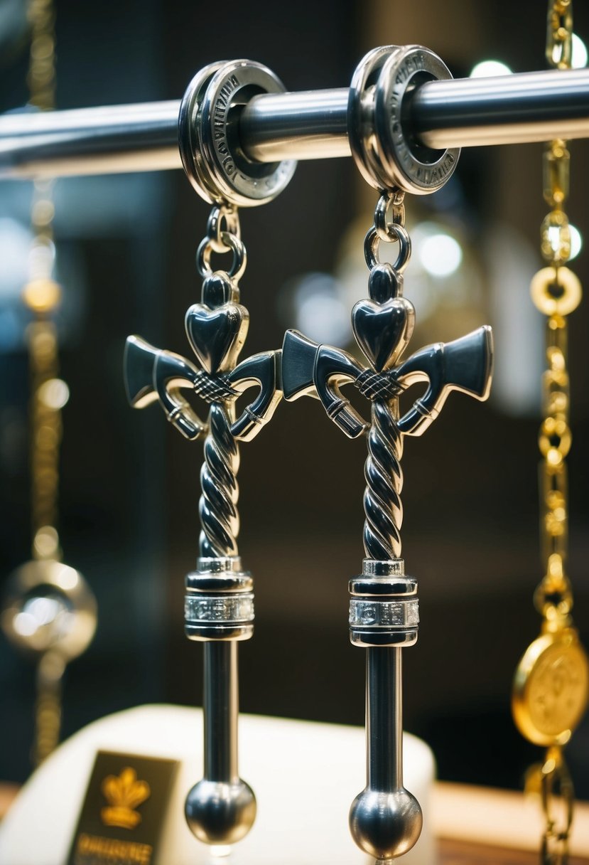 Two intertwined barbells with Claddagh symbols, adorned with industrial elements, hang from a jeweler's display