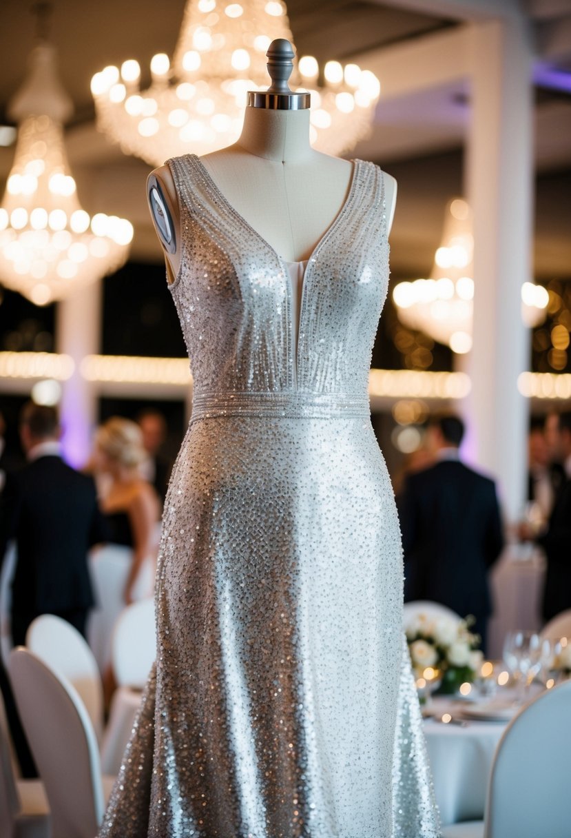 A shimmering silver dress with a sleek, sleeveless design, catching the light at a glamorous wedding reception