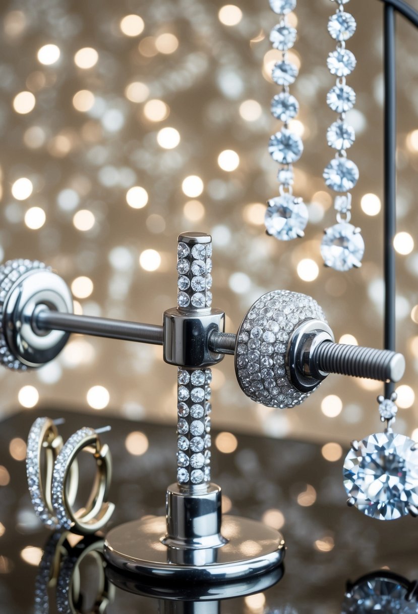 A gleaming industrial barbell adorned with sparkling gemstones, set against a backdrop of elegant wedding earrings