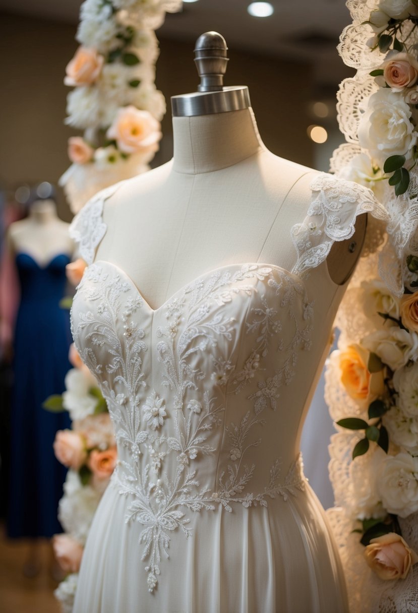 An elegant sweetheart neckline embroidered dress displayed on a mannequin, surrounded by delicate lace and floral details