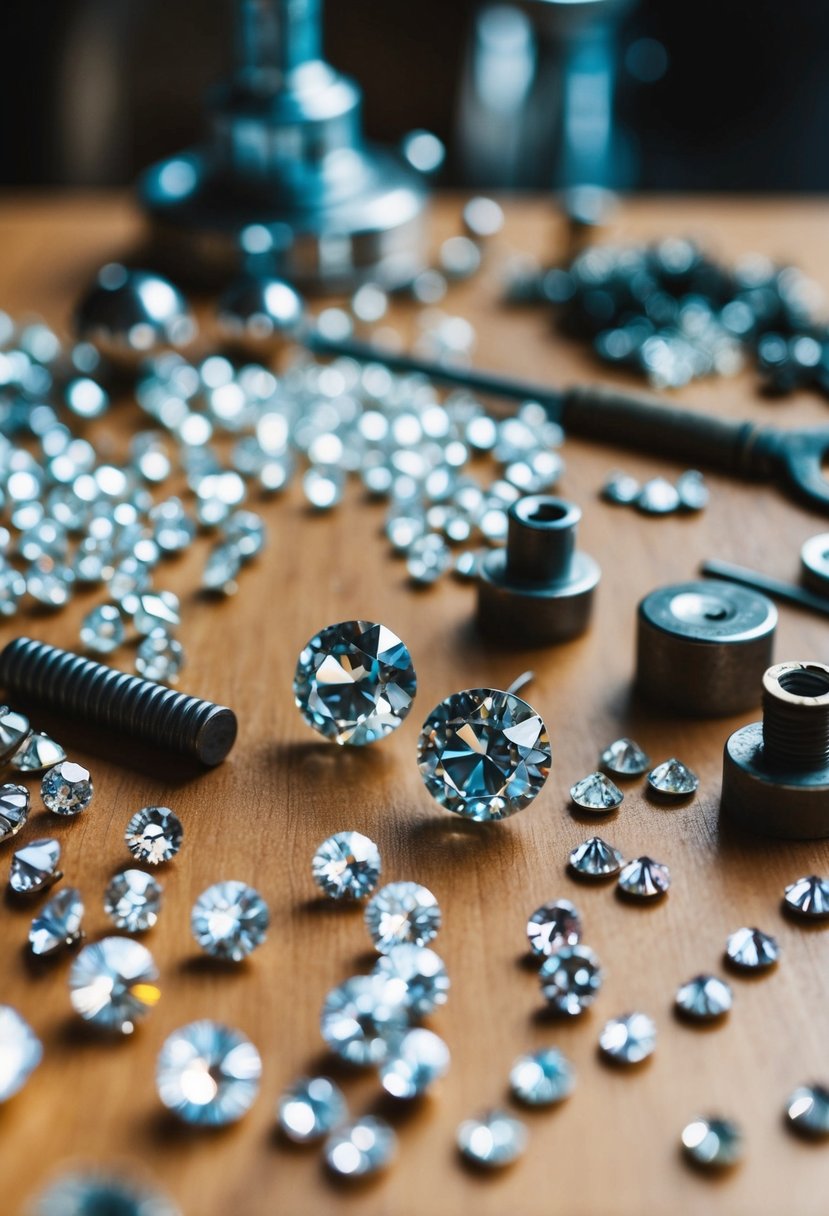 A table scattered with sparkling Swarovski crystals, tools, and metal pieces for creating industrial-style wedding earrings