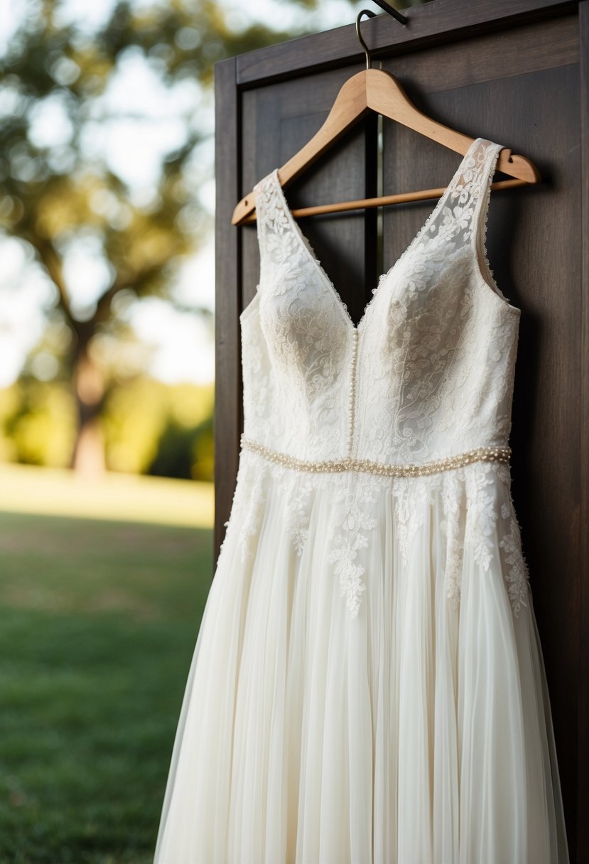 A lace 1940s wedding dress hanging on a vintage wooden hanger, with delicate beadwork and a flowing skirt