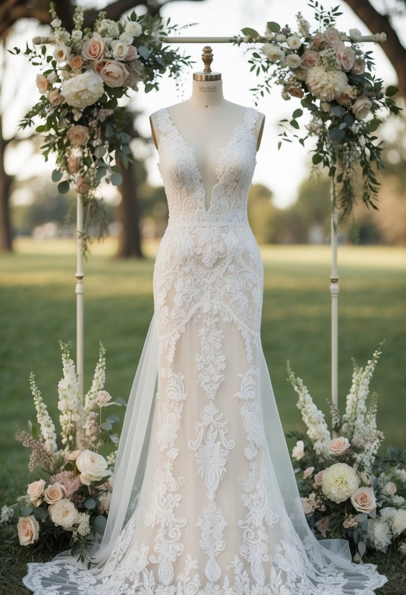 An ornate lace wedding gown draped over a vintage mannequin, surrounded by delicate floral arrangements and antique accessories