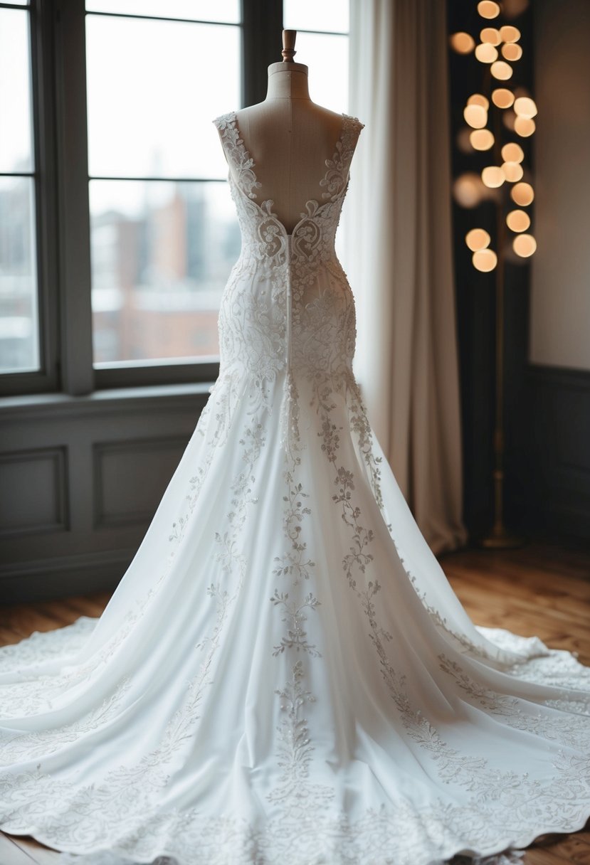 A white wedding dress with intricate floral embroidery cascading down the bodice and along the train