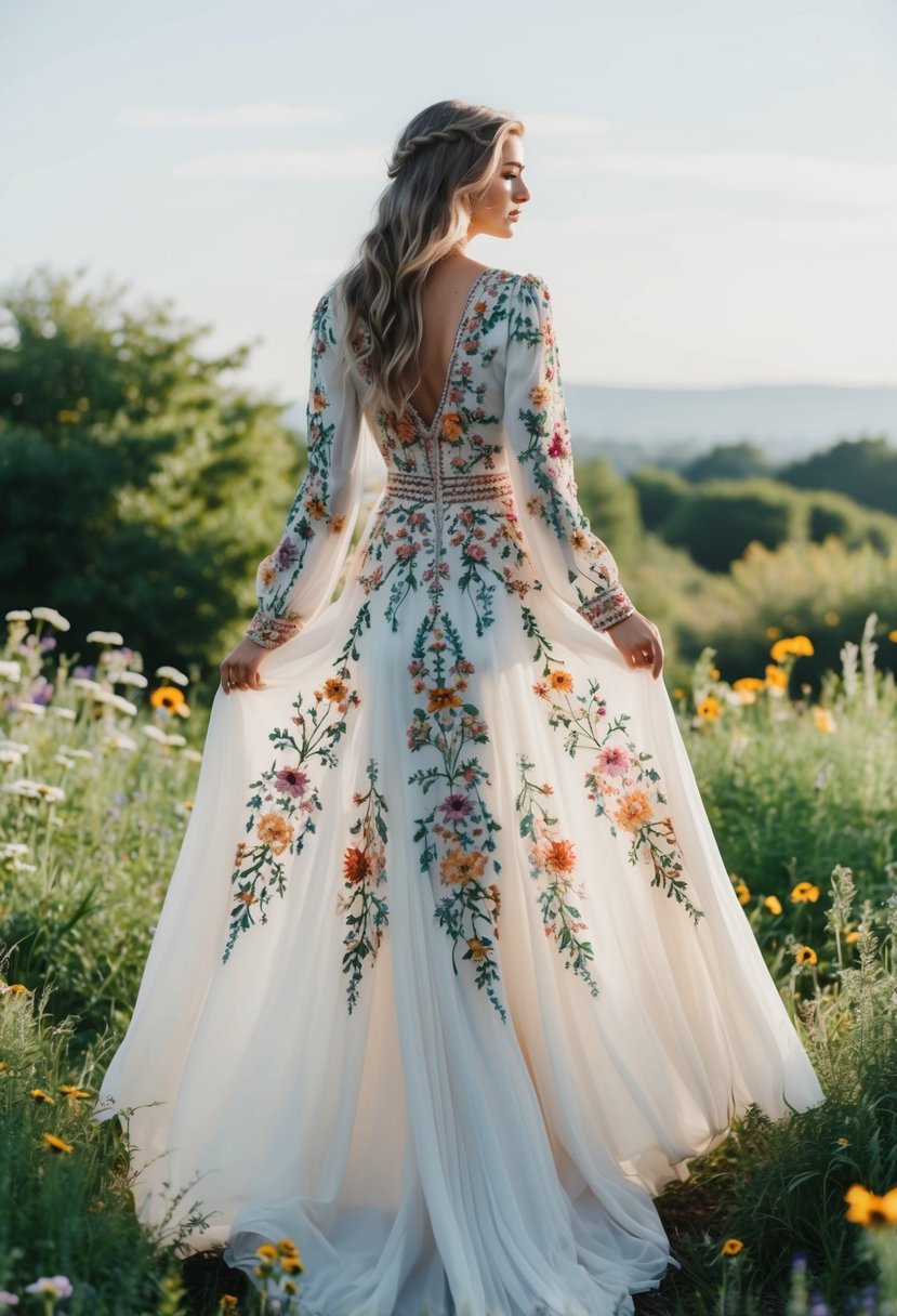 A flowing, bohemian wedding dress covered in intricate floral embroidery, set against a backdrop of lush greenery and wildflowers