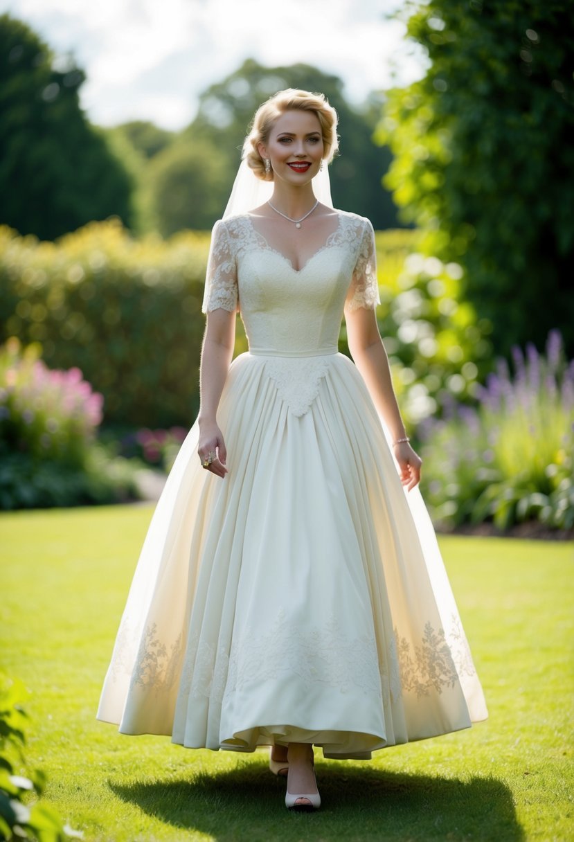 A bride walks through a garden, wearing a tea-length vintage wedding dress from the 1940s. The dress features delicate lace and a full skirt, exuding timeless charm