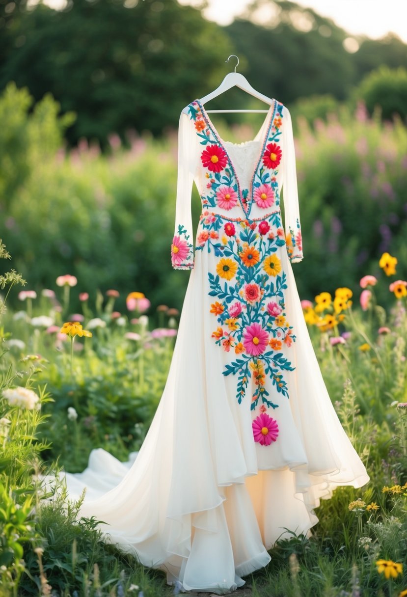 A flowing wedding dress adorned with vibrant bohemian floral embroidery, set against a backdrop of lush greenery and wildflowers