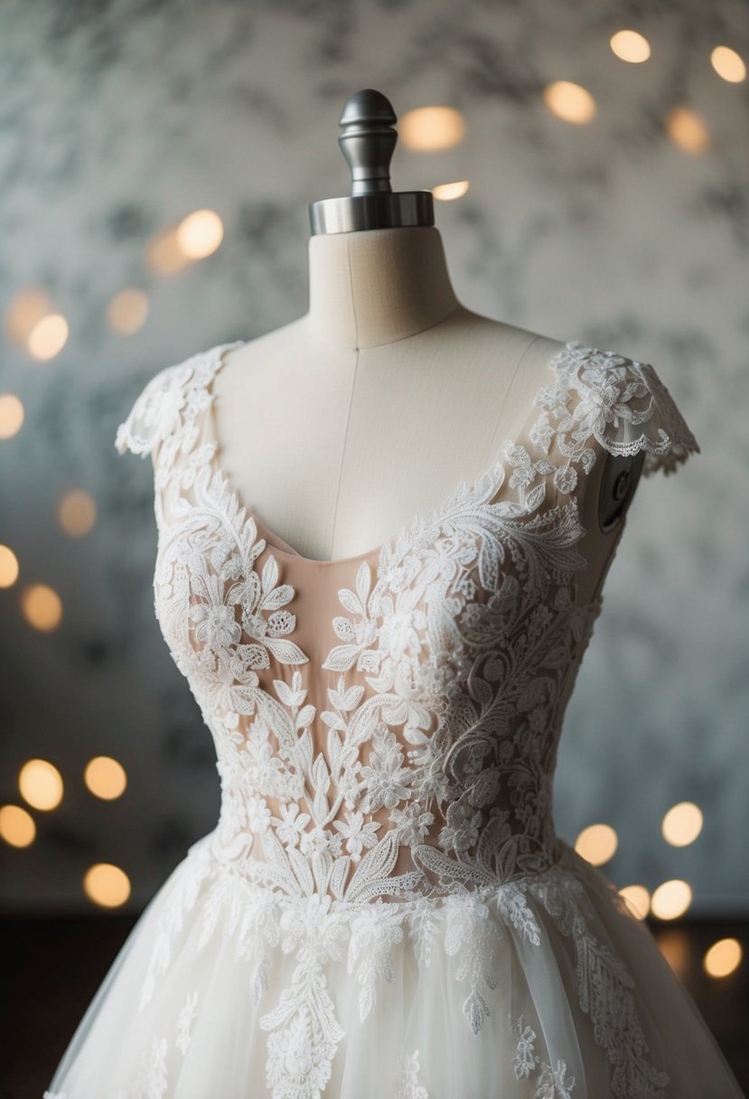 A white lace wedding dress with intricate embroidery cascading down the bodice and flowing into a full skirt