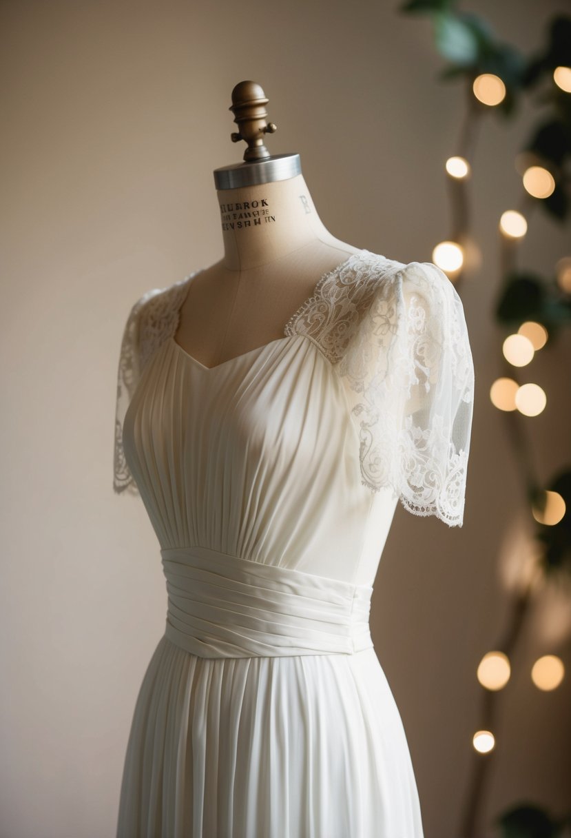 A 1940s vintage wedding dress with delicate lace sleeves, draped over a vintage mannequin