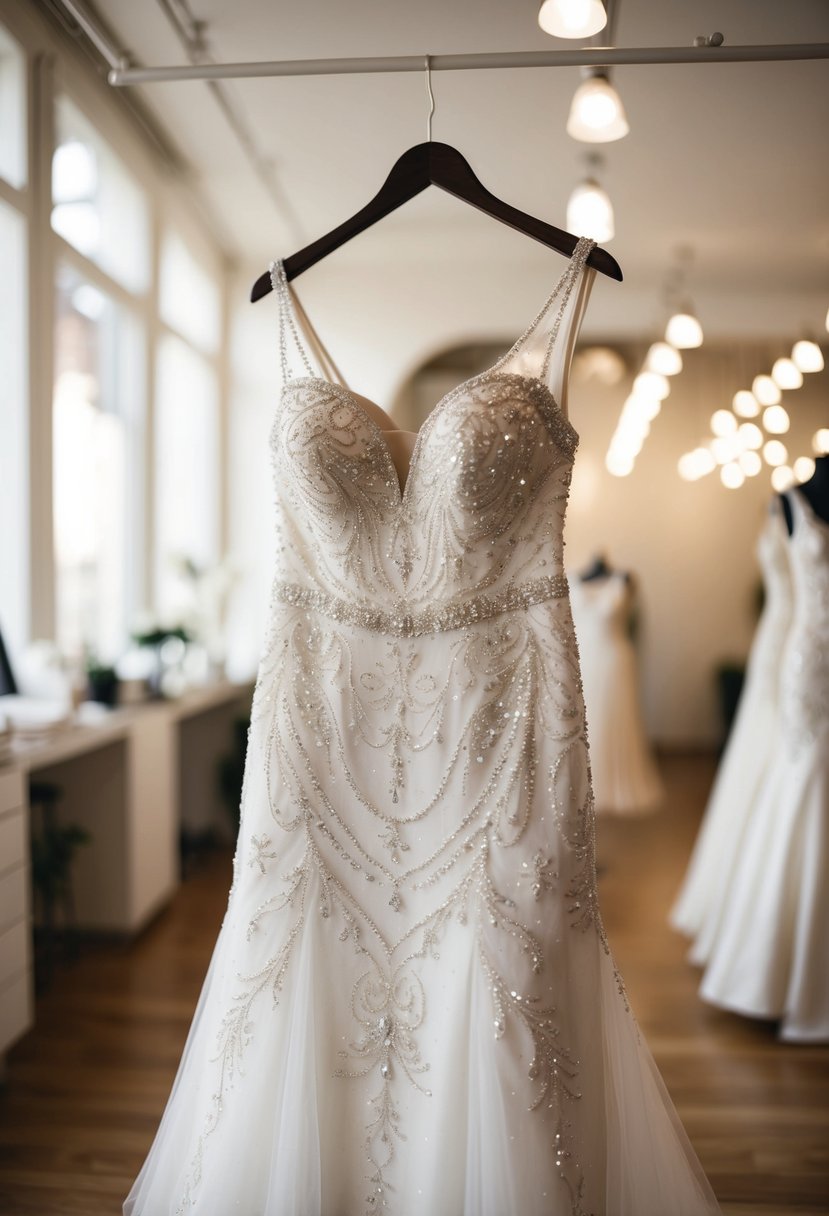 A sparkling wedding dress with intricate rhinestone detailing and elegant embroidery, hanging on a dress form in a softly lit atelier