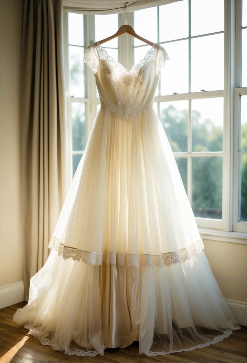 A flowing, delicate 1940s vintage wedding dress, with lace, tulle, and satin details, hanging on a dress form in a sunlit room