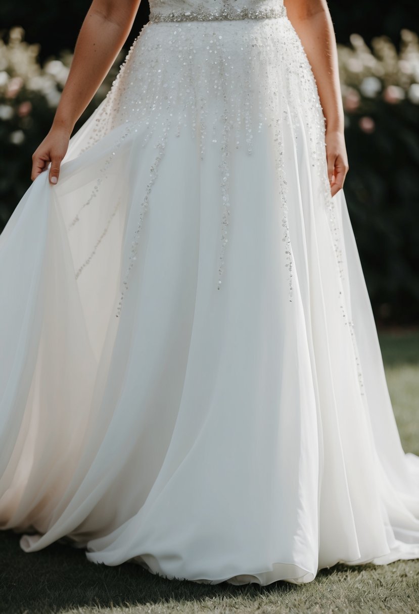 A flowing white wedding dress with delicate sequin accents cascading down the bodice and trailing along the hemline