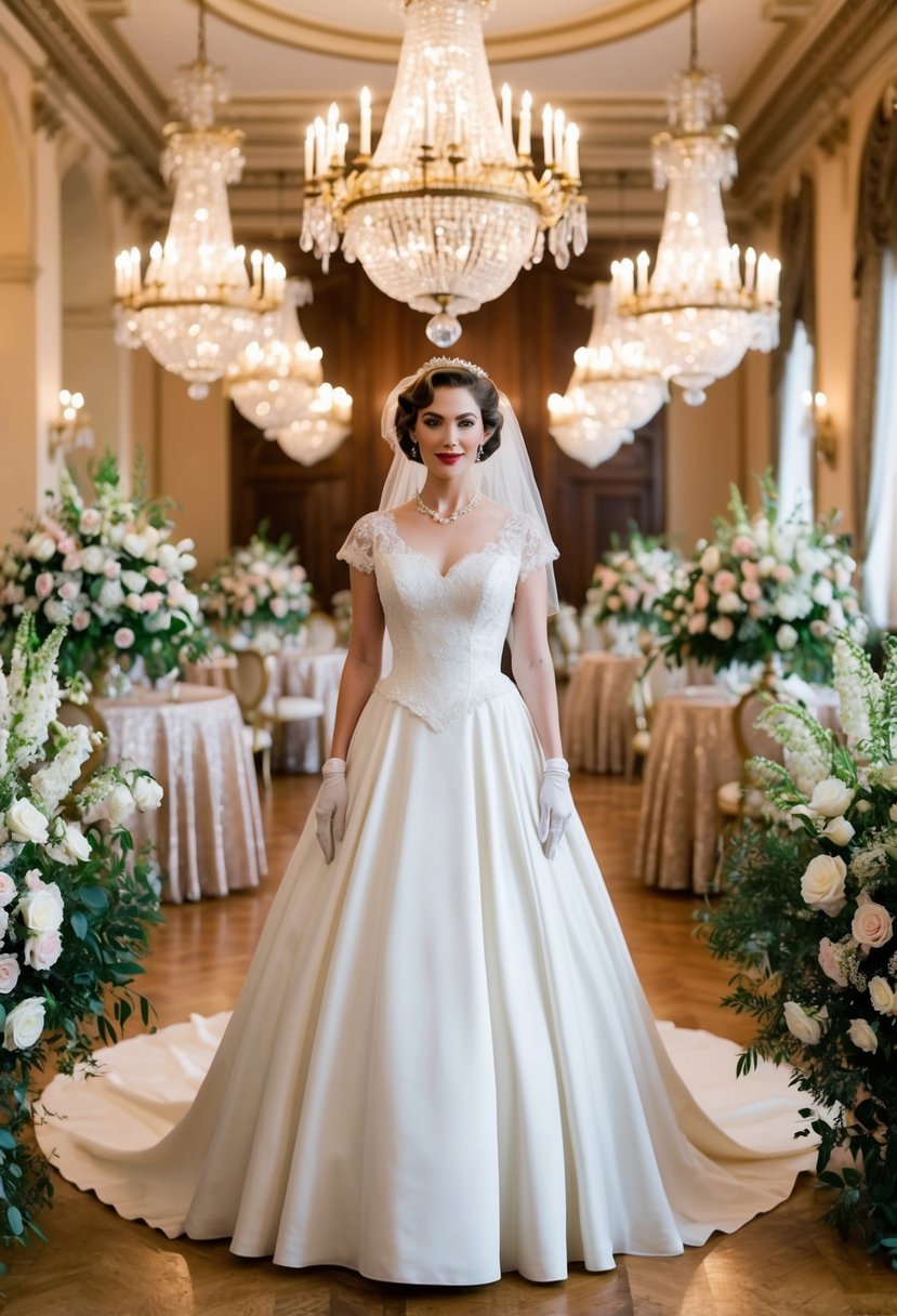 A bride in a 1940s vintage wedding dress stands in a grand Victorian-era ballroom, surrounded by ornate chandeliers and opulent floral arrangements