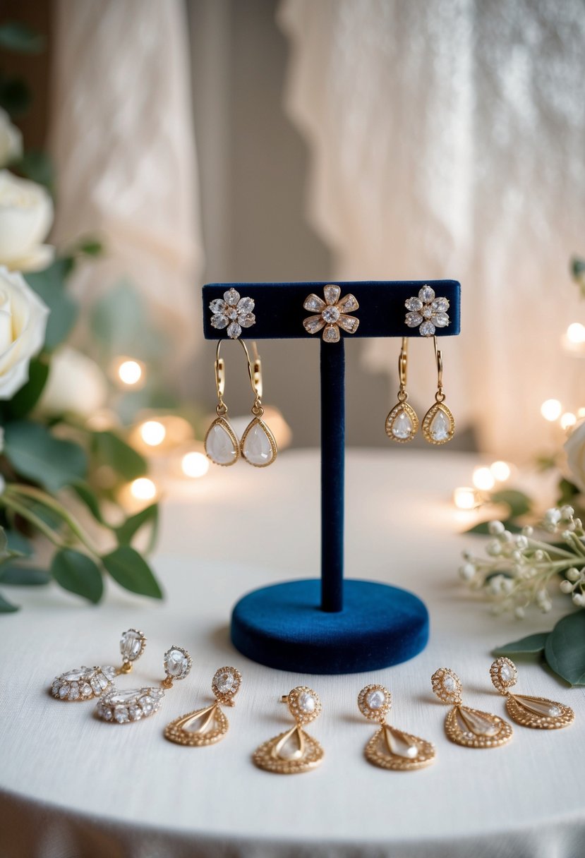 A table with various styles of clip-on wedding earrings displayed on a velvet jewelry stand, surrounded by soft lighting and delicate lace fabric