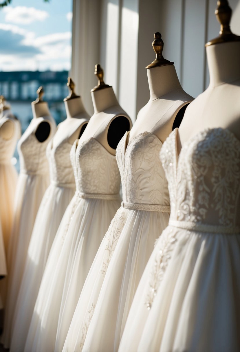 A row of white dresses with delicate ivory embroidery displayed on mannequins in a sunlit boutique