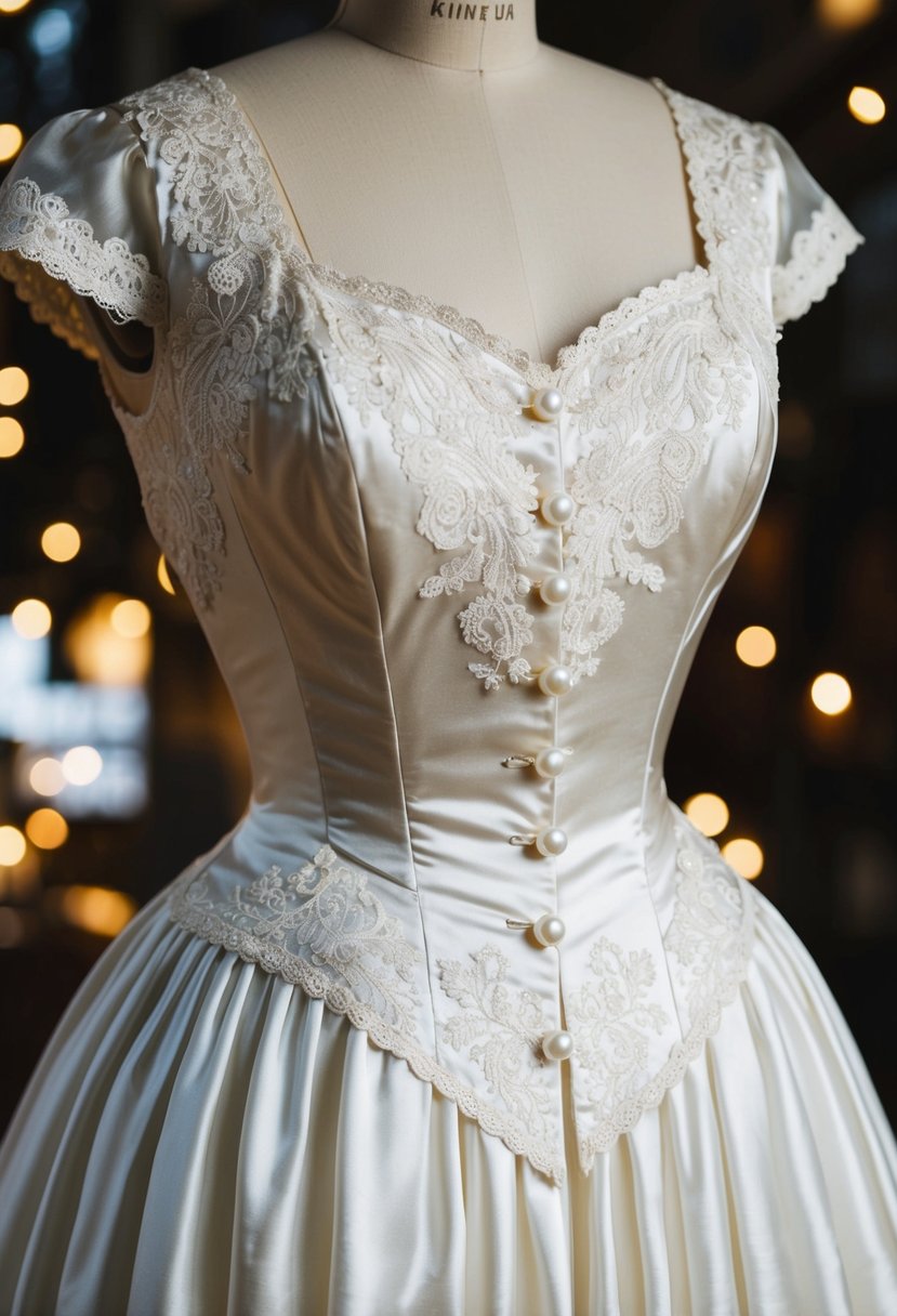 A 1940s vintage wedding dress with silk satin fabric, intricate lace details, and a fitted bodice, adorned with delicate pearl buttons