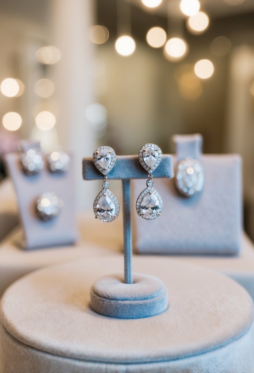 A pair of elegant clip-on bridal earrings, featuring CZ stones, displayed on a velvet jewelry stand in a softly lit bridal boutique