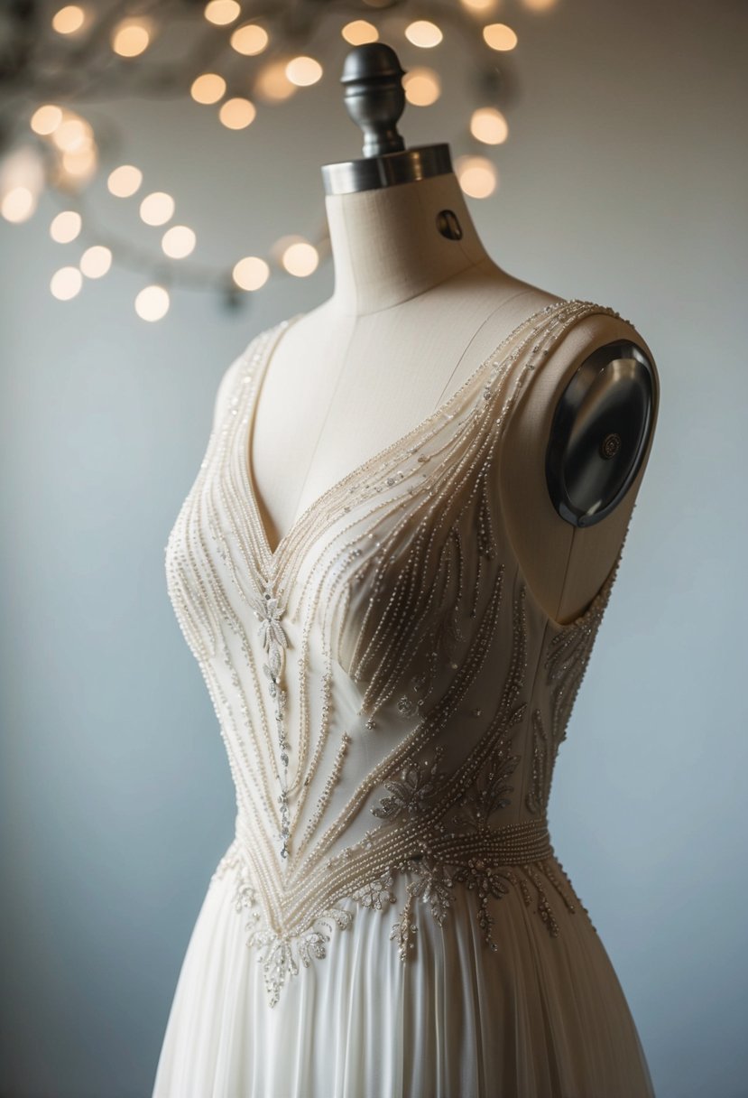 A 1940s vintage wedding dress with intricate beaded details cascading down the bodice and along the hemline, creating a timeless and elegant look