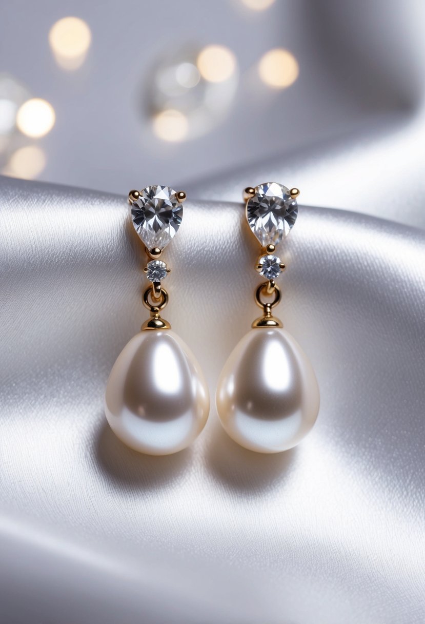 A close-up of elegant pearl drop CZ earrings on a white satin background