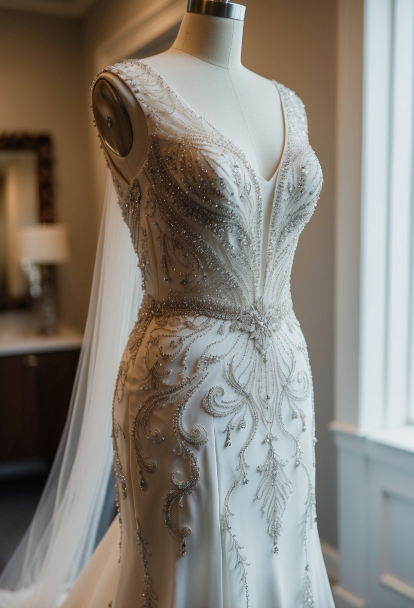 A wedding dress adorned with intricate beadwork designs, cascading down the bodice and flowing into a delicate train