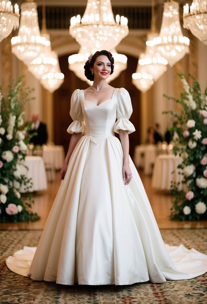 A bride in a 1940s vintage wedding dress with renaissance-inspired puff sleeves, standing in a grand ballroom surrounded by ornate chandeliers and intricate floral decorations