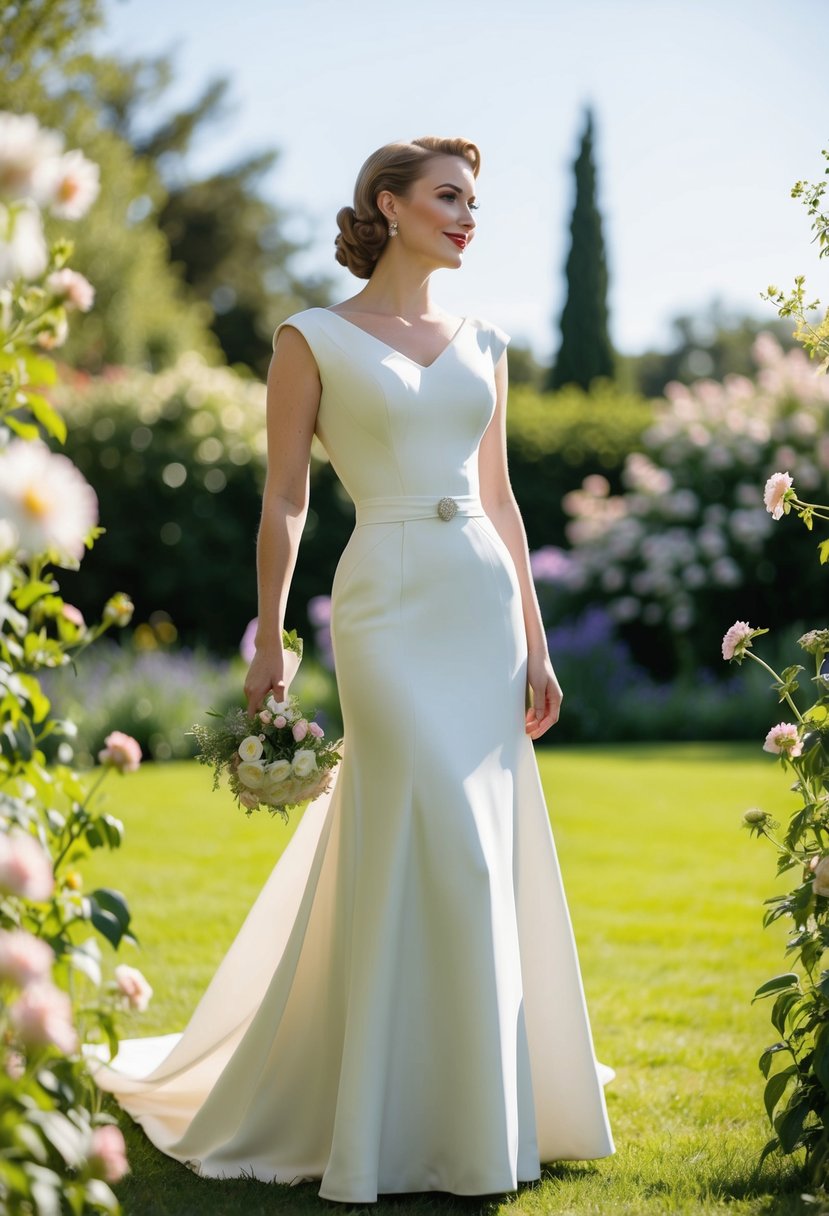 A bride in a 1940s vintage wedding dress, with a sleek bias-cut silhouette, standing in a sunlit garden surrounded by blooming flowers