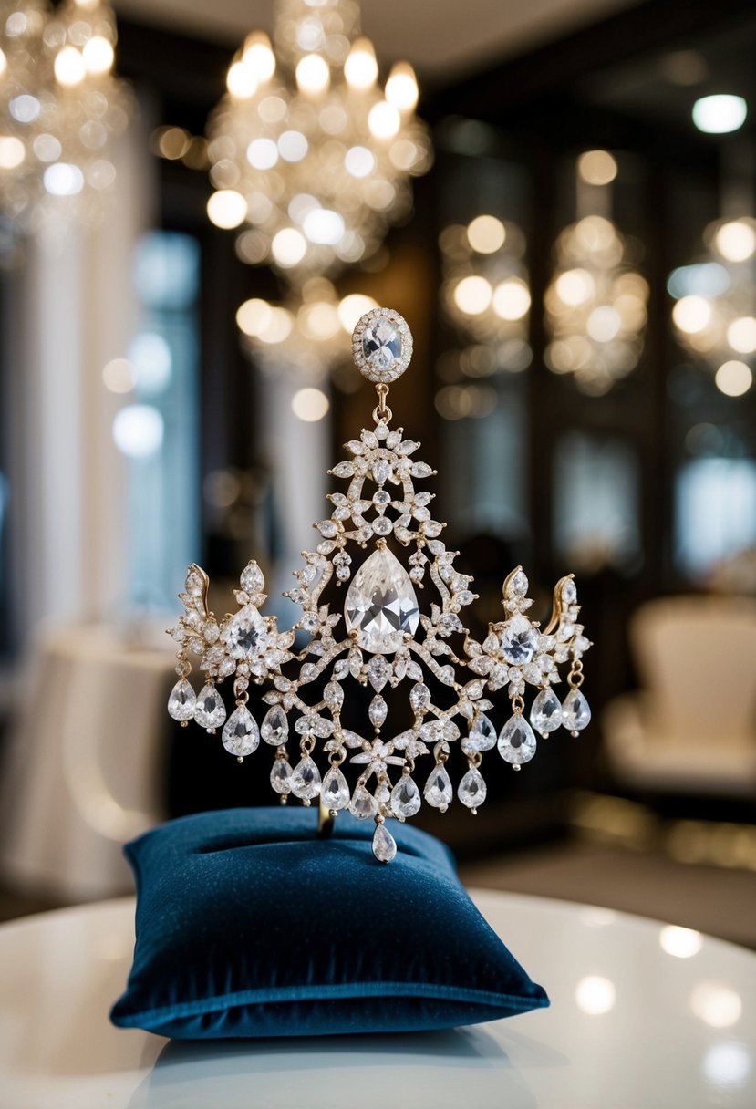 A sparkling chandelier earring design, featuring intricate details and shimmering gems, displayed on a velvet cushion in a luxurious bridal boutique