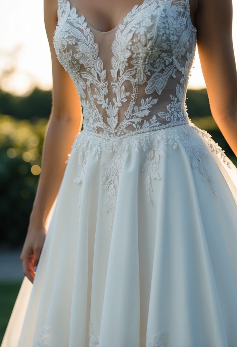 A delicate lace applique adorns the bodice of a flowing wedding gown, with intricate embroidery and shimmering details catching the light