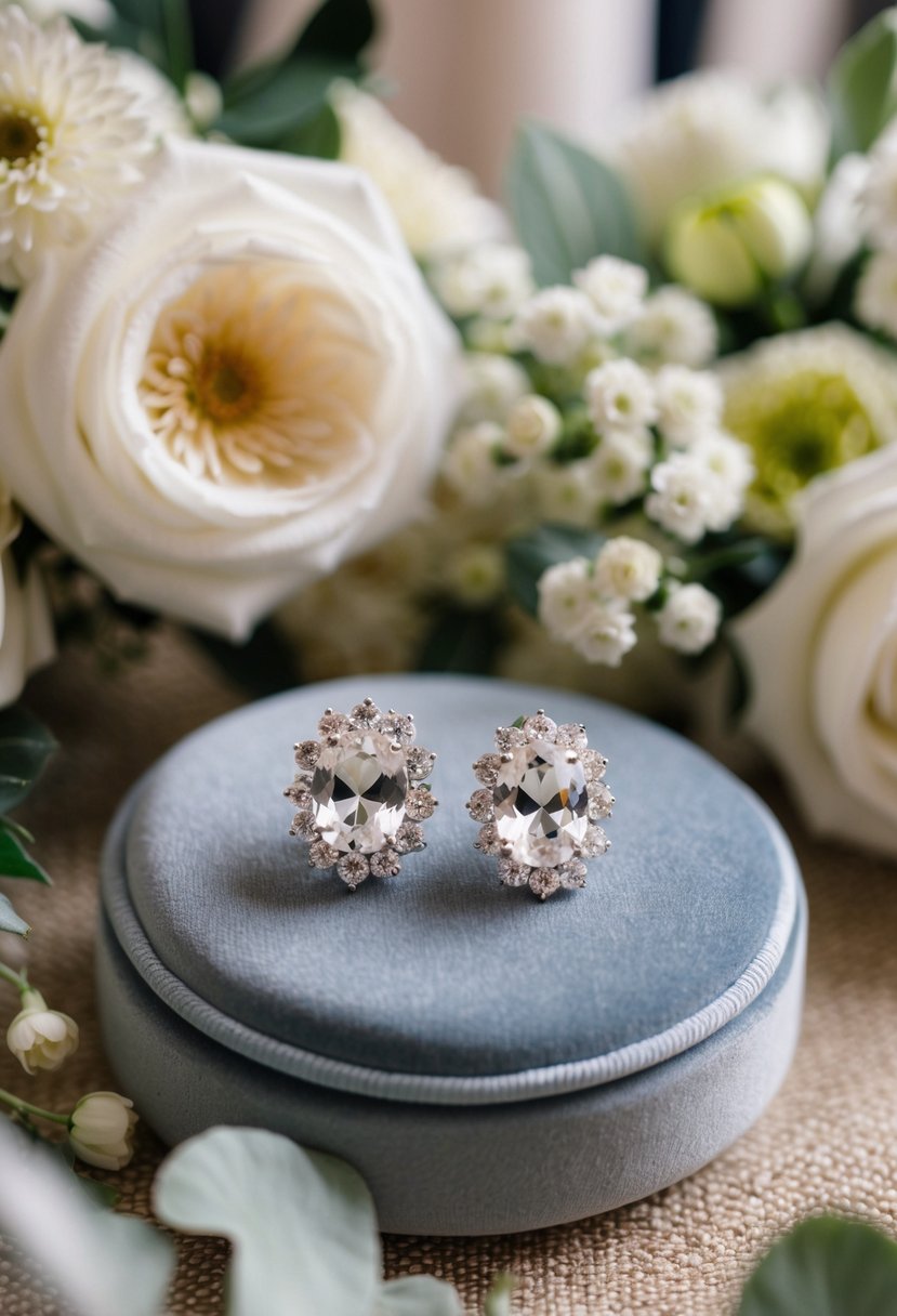 A pair of elegant Mariell Austrian Crystal Clip-On Earrings displayed on a velvet cushion, surrounded by soft floral arrangements and wedding decor