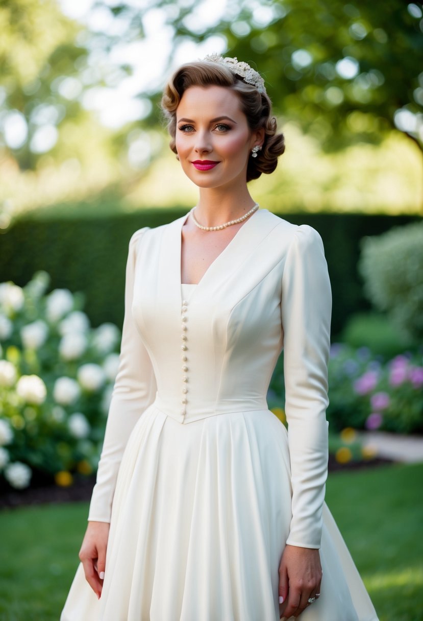 A bride in a 1940s vintage wedding dress, with classic long sleeves and modesty, standing in a romantic garden setting