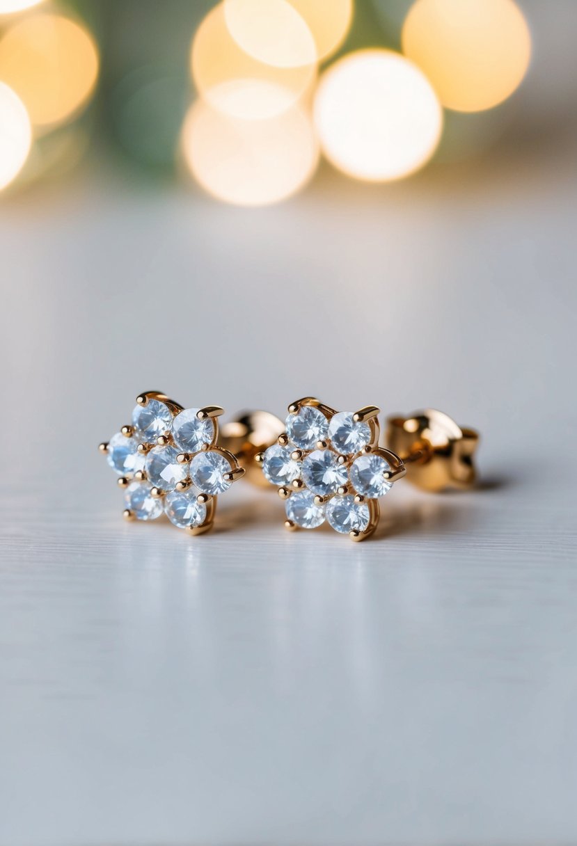 A pair of CZ crystal cluster clip-on earrings, elegant and affordable, sparkling in the soft light of a wedding reception