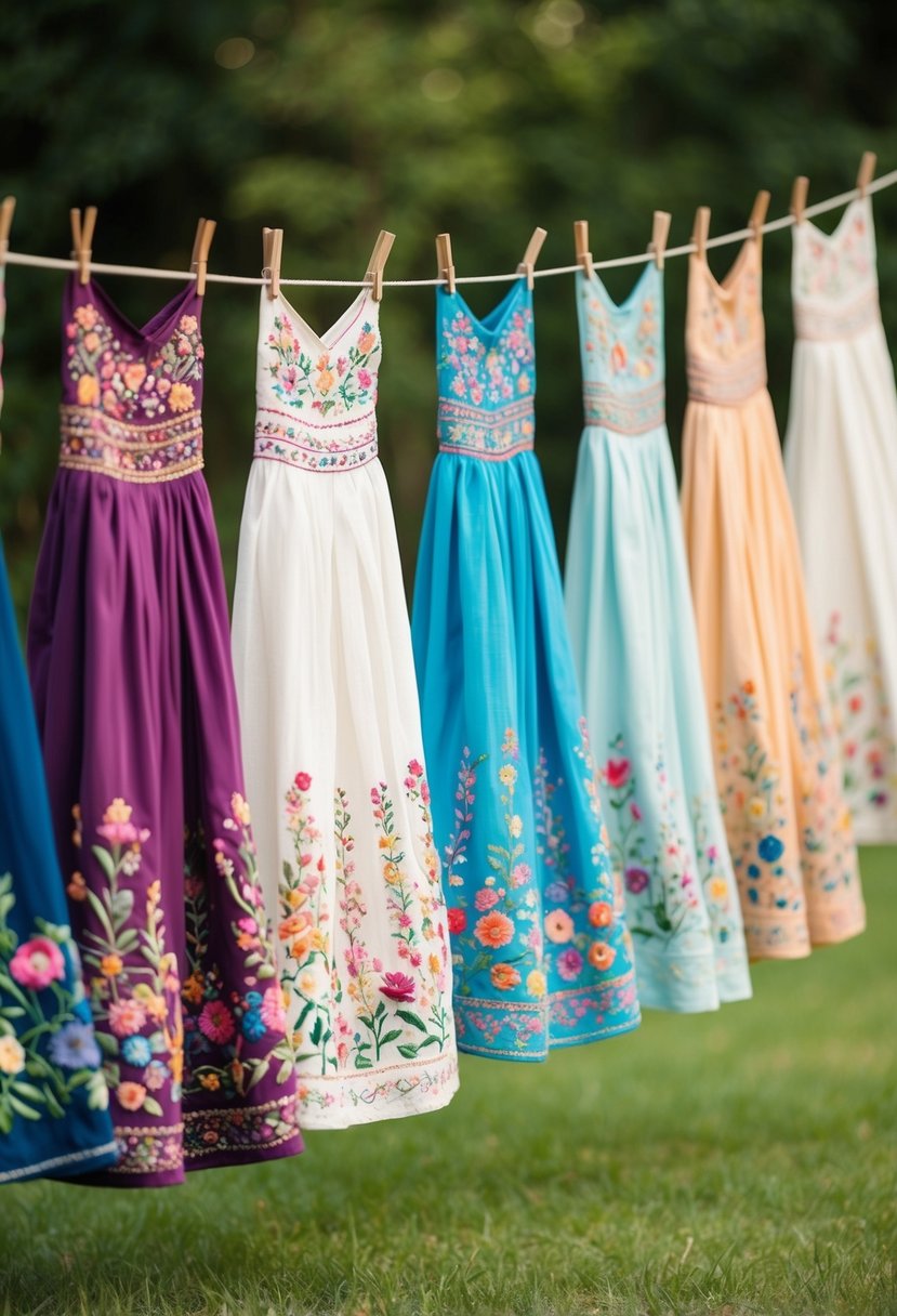 A colorful array of whimsical embroidered skirts hang from a clothesline, swaying gently in the breeze. Each skirt is adorned with intricate floral patterns and delicate stitching, evoking images of romantic wedding dress ideas