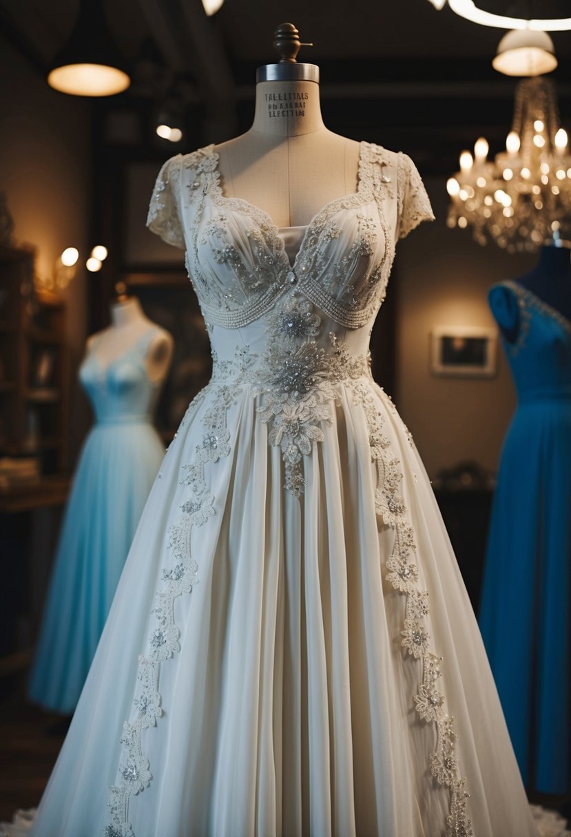 A 1940s vintage wedding dress adorned with royal lace embellishments, draped over a mannequin in a dimly lit atelier