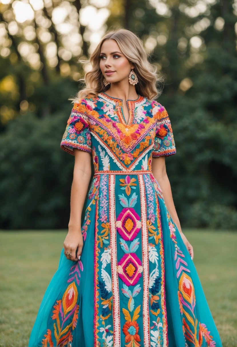 A vibrant, bohemian wedding dress with intricate, multicolored embroidery and bold, flowing designs