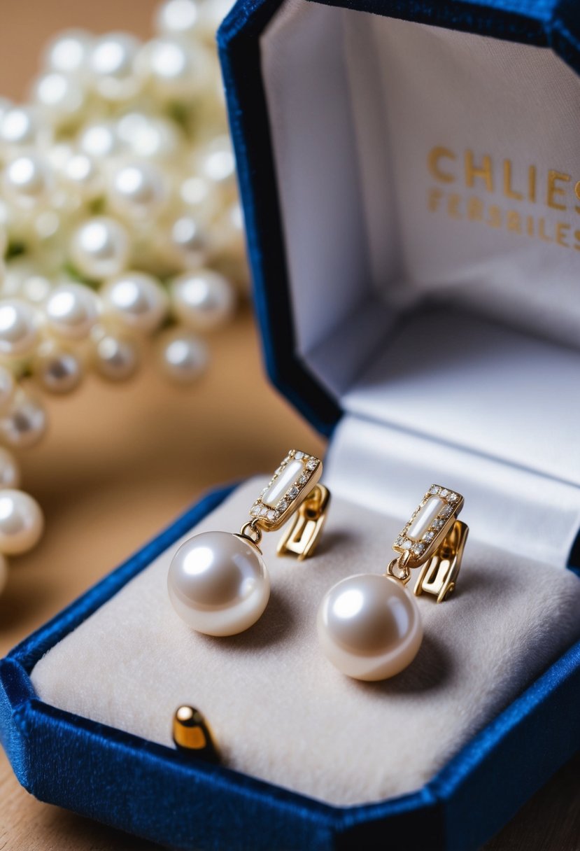 A pair of elegant pearl clip-on earrings displayed on a velvet cushion with soft lighting