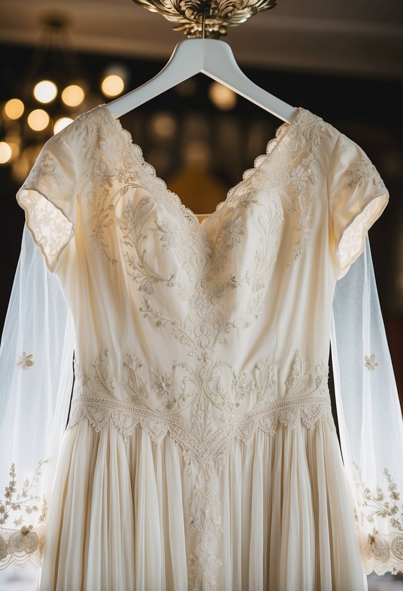 A delicate 1940s wedding dress with intricate embroidery, featuring floral motifs and lace details, hangs on a vintage mannequin