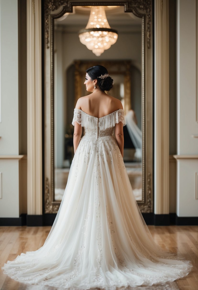 A bride in a flowing, off-the-shoulder gown adorned with lace and intricate beading, standing in front of a grand art deco mirror