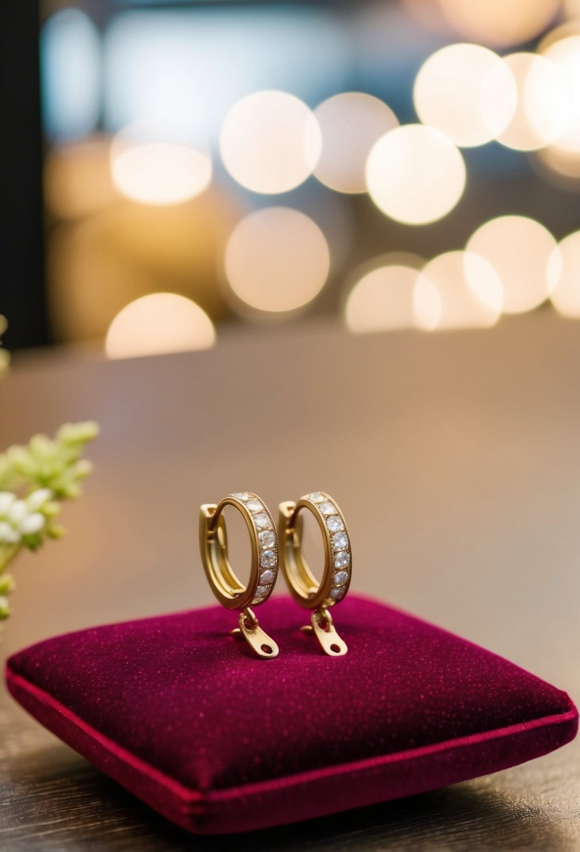 A vintage-style clip earring displayed on a velvet cushion with soft lighting