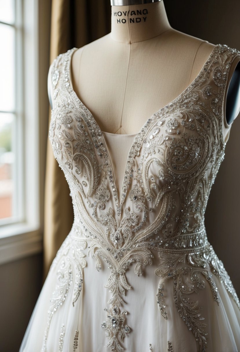 A shimmering wedding dress adorned with intricate hand-embroidered designs cascades down a mannequin, catching the light and exuding elegance