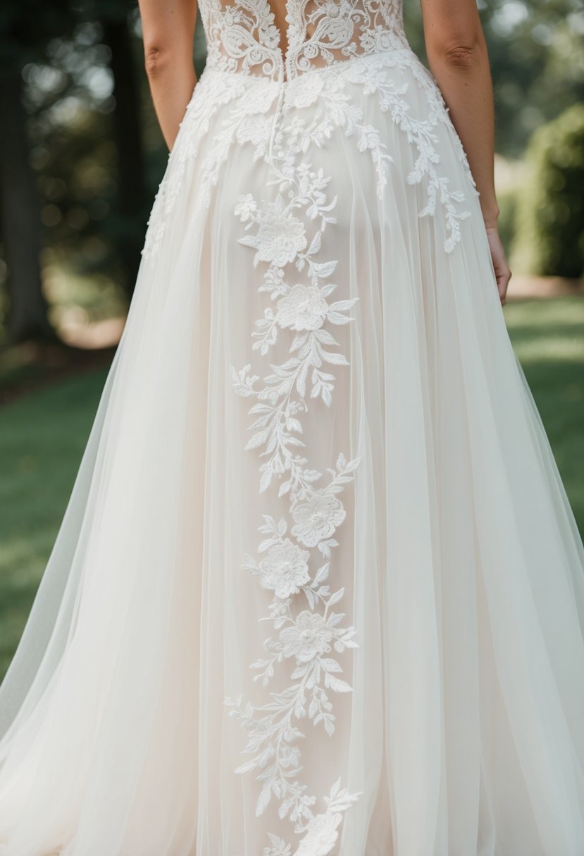 A wedding dress with delicate lace and floral motifs cascading down the bodice and trailing off into the skirt