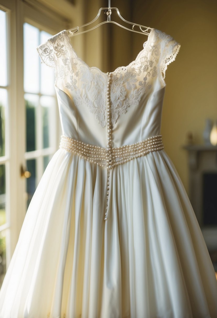 A vintage wedding dress with a dropped waist, adorned with lace and pearls, hanging on a dress form in a sunlit room