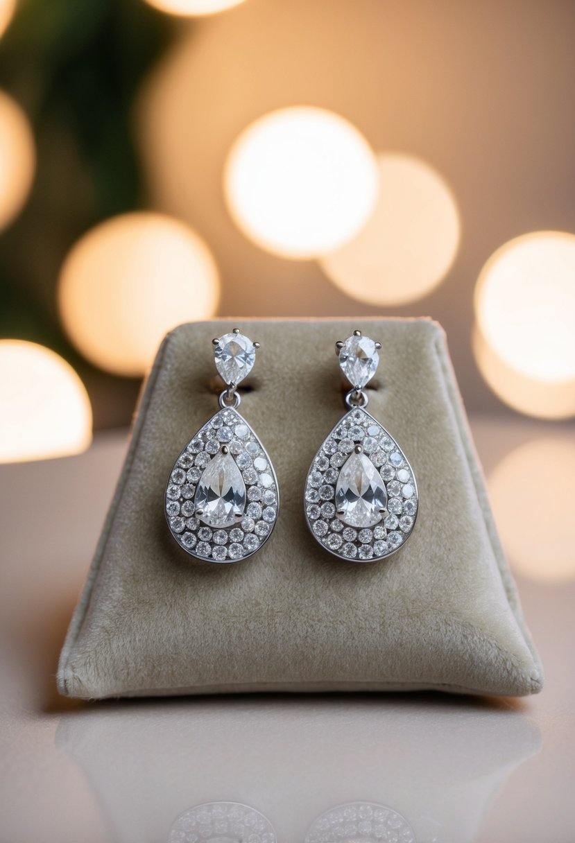 A pair of elegant pave pear clip-on earrings displayed on a velvet cushion with soft lighting