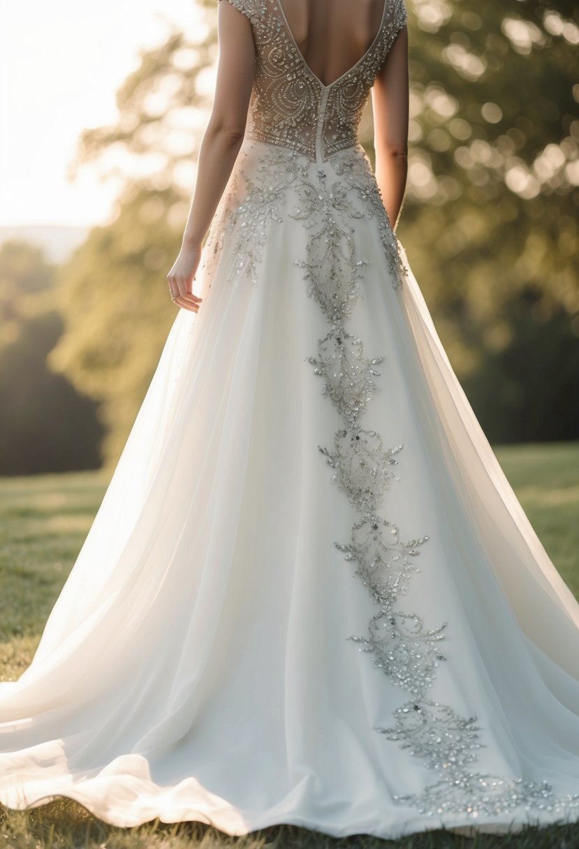 A flowing wedding dress with intricate rhinestone embroidery cascading down the bodice and trailing onto the skirt, catching the light and shimmering with timeless elegance