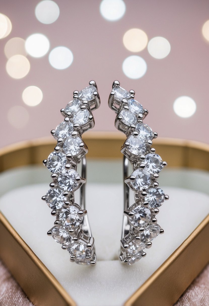 A close-up illustration of sparkling CZ curved clusters clip-on wedding earrings, displayed against a luxurious Amazon Marquis-shaped backdrop